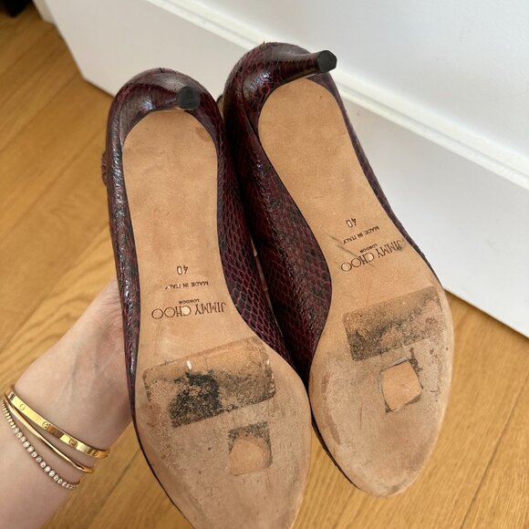Jimmy Choo Helena 65 Pumps Buckle Ankle Strap Snakeskin Burgundy Size 40 - Picture 11 of 13
